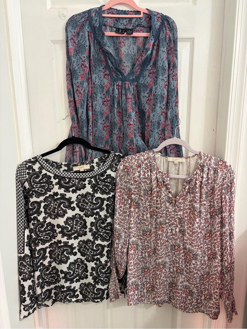 Multi-Print Women’s Blouse Trio — Blue, Black, and Pink Mix. Size Small
